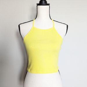 Bright Yellow ribbed halter cropped tank top size S